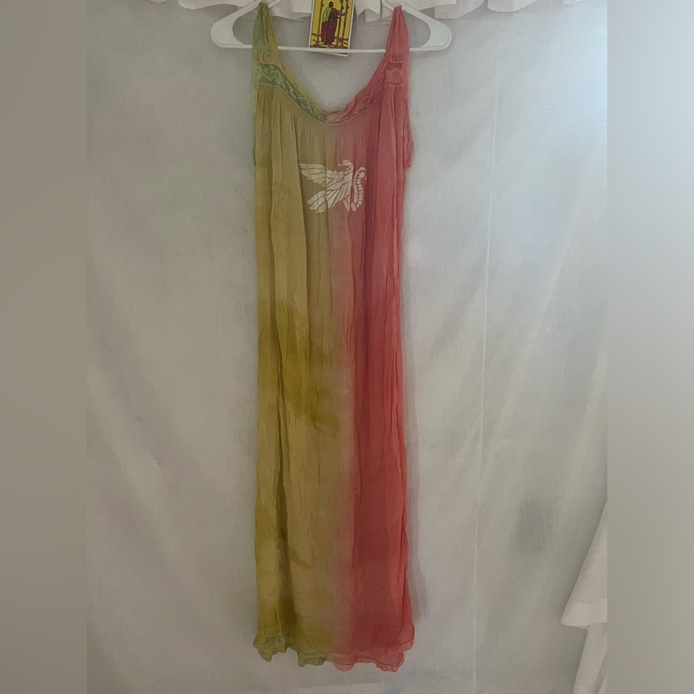 hand dyed silk slip dress with Egyptian screen print